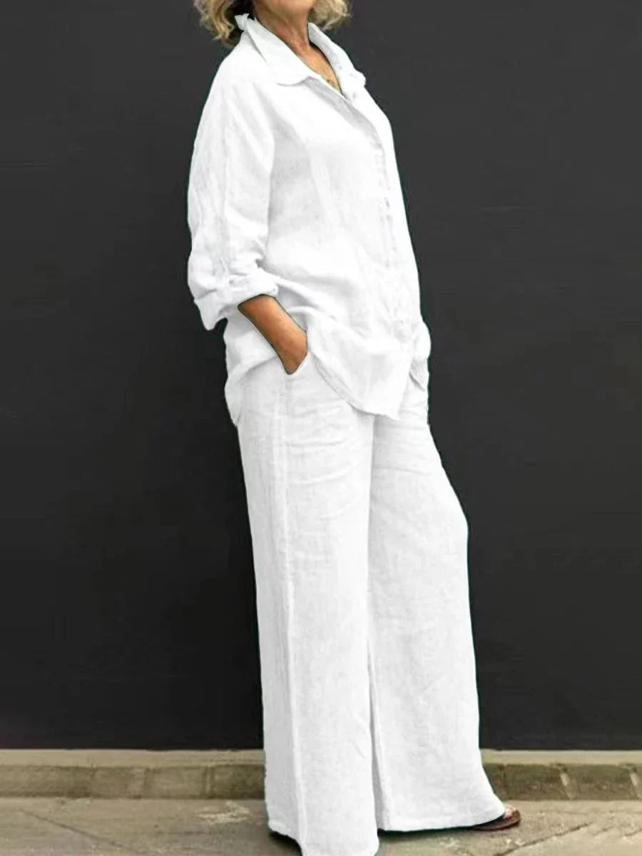 Set casual donna, camicia e pantaloni larghi, ideale per viaggi, tempo libero e moda estiva.
