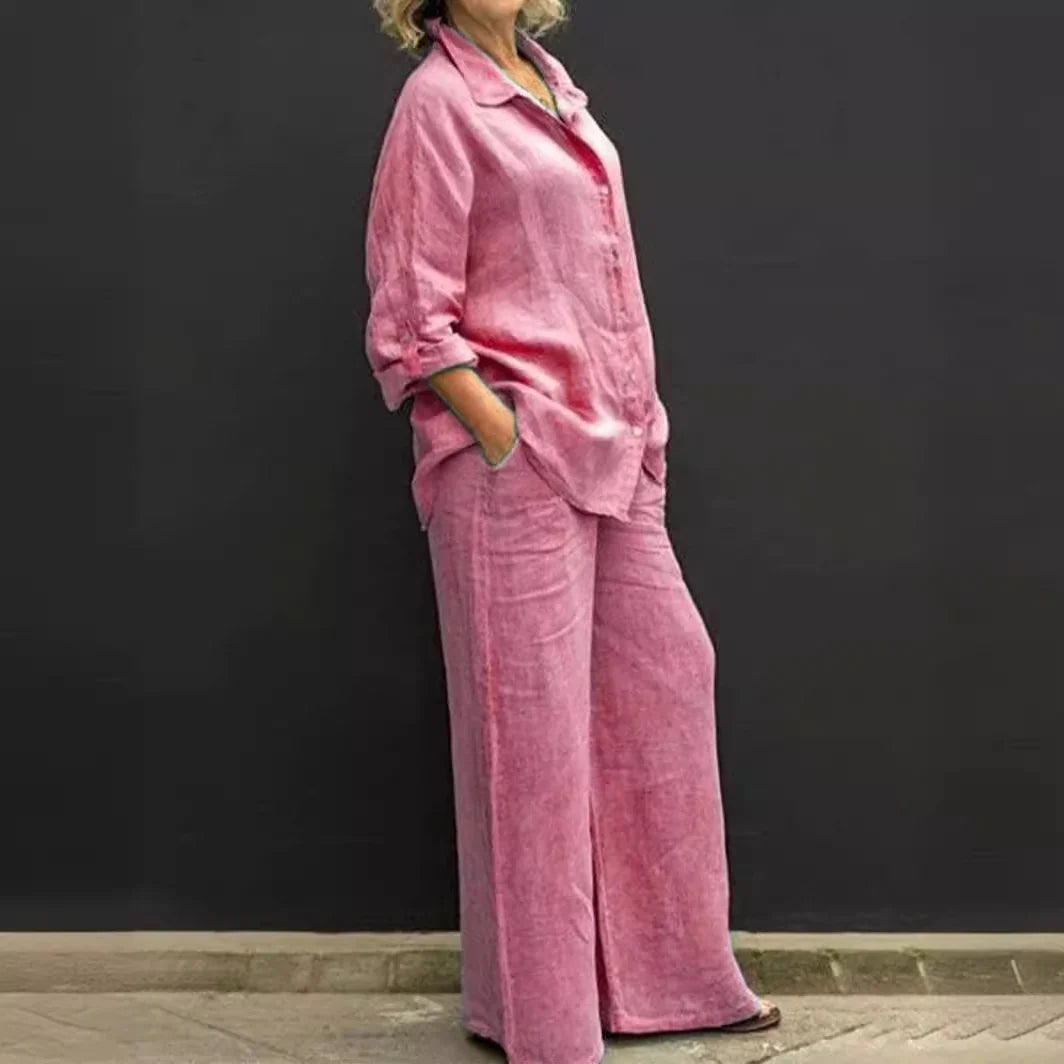 Coordinato donna verde menta, camicia fluida e pantaloni ampi, abbigliamento casual estivo e confortevole.