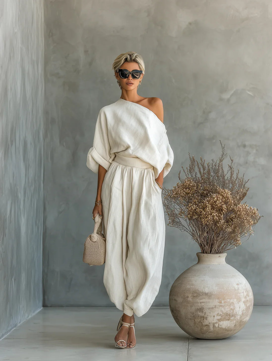 Completino donna due pezzi bianco elegante con top spalle scoperte e pantalone largo, perfetto per l'estate.