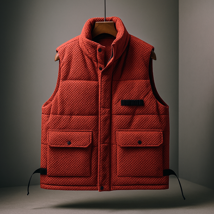 Gilet uomo invernale con collo alto, smanicato caldo e protettivo per l'outdoor e la moda casual.