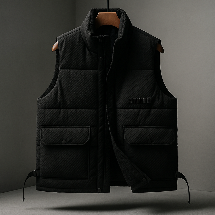 Gilet smanicato uomo idrorepellente con tasche, ideale per attività outdoor, viaggi e protezione dal freddo.
