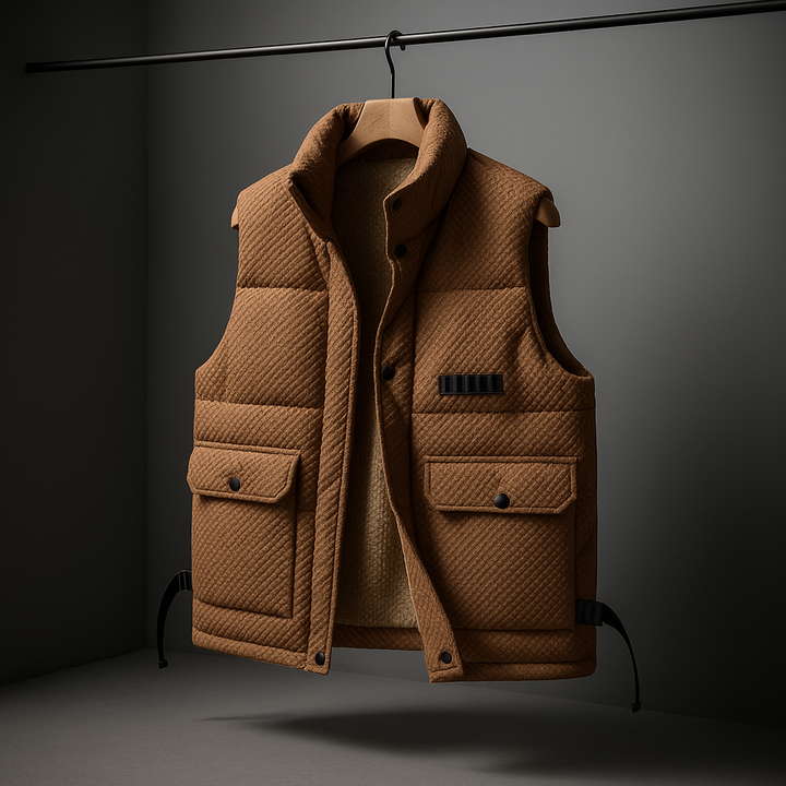 Gilet uomo invernale casual con collo alto, stile moderno per un look alla moda e comfort quotidiano.
