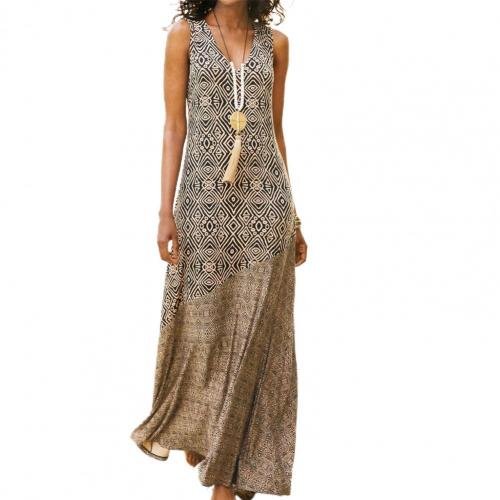 Abito lungo donna estivo grigio con stampa floreale, scollo a V e orlo fluido. Look casual elegante versatile.