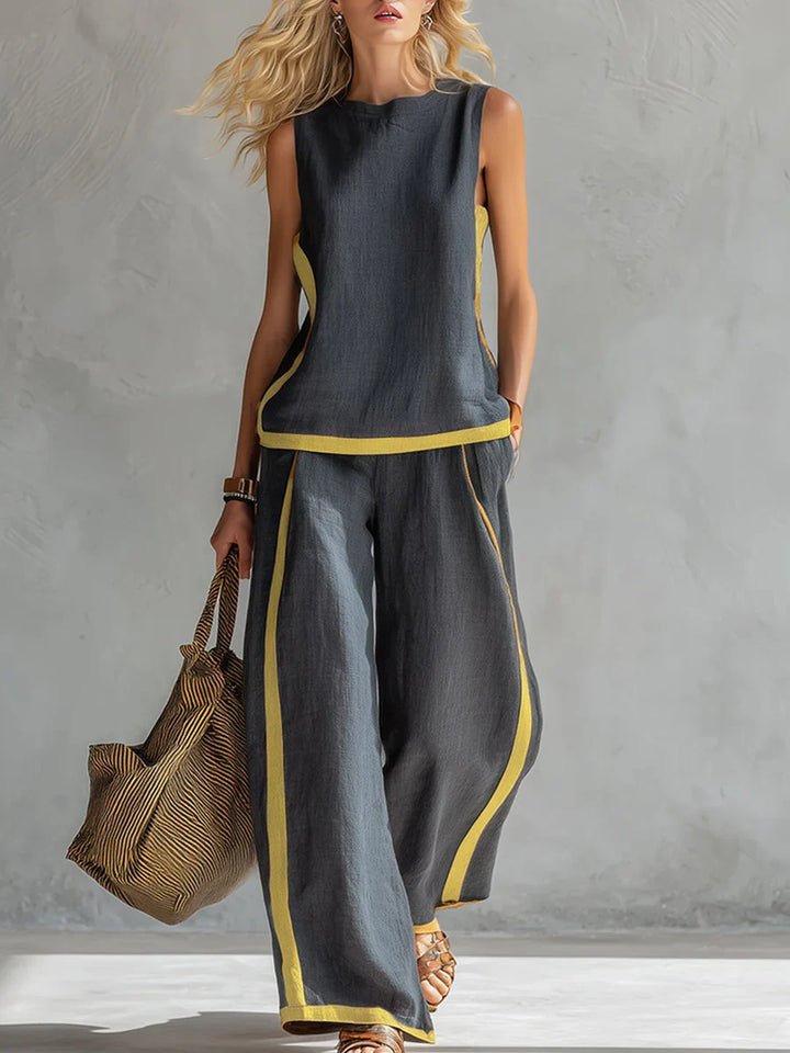Set coordinato donna elegante gamba larga con pannelli a contrasto, perfetto per moda primavera estate.