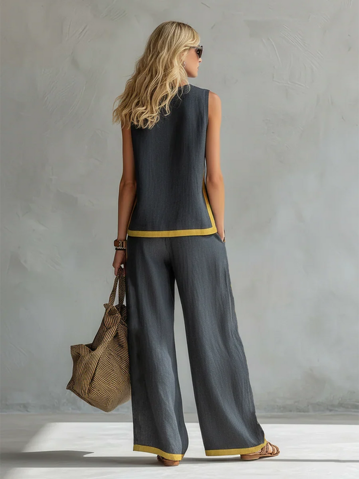 Dettaglio pannelli a contrasto sul set coordinato donna gamba larga, un tocco di moda per l'estate.