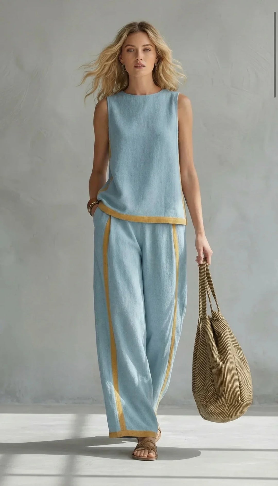 Moda primavera estate: set coordinato donna fresco con gamba larga e pannelli a contrasto, ideale giorno.