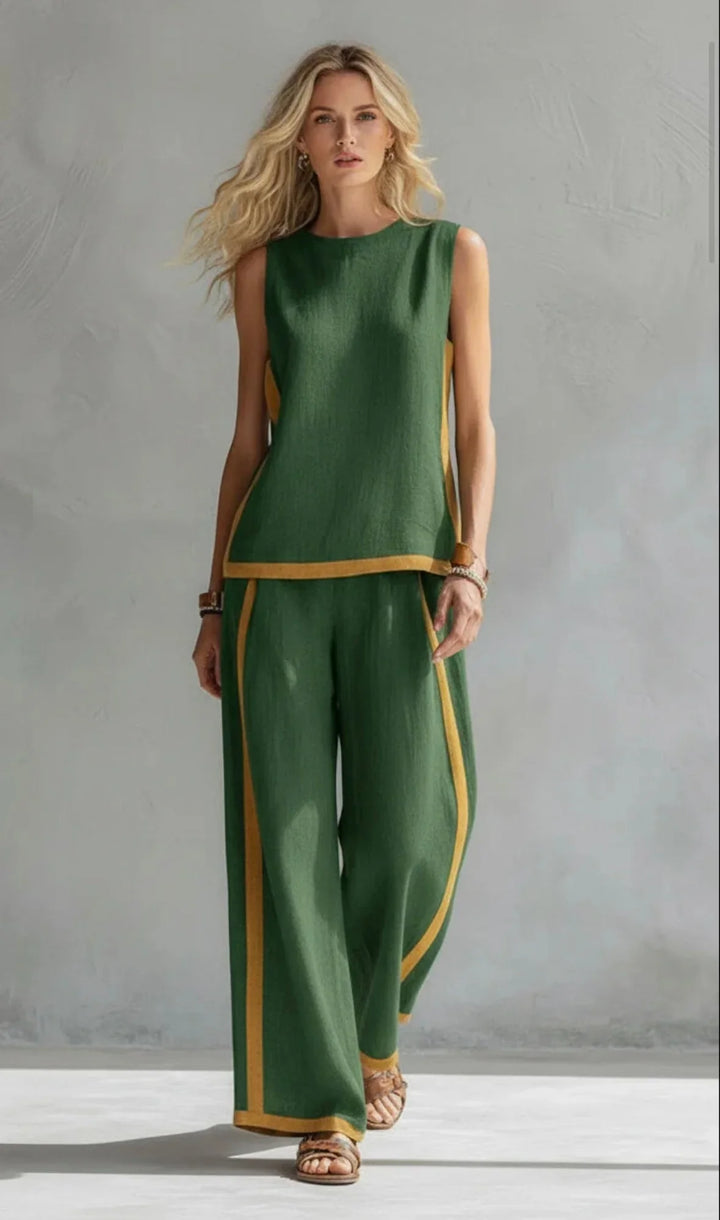 Outfit donna completo: set coordinato gamba larga, top e pantaloni con eleganti pannelli a contrasto.