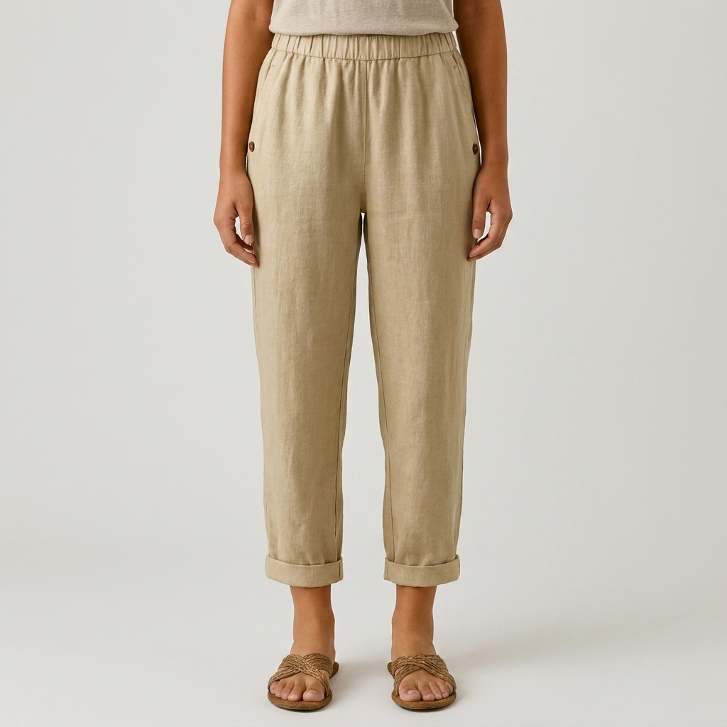 Pantaloni dritti donna con vita elastica e bottoni laterali, ideali per un look casual chic estivo.