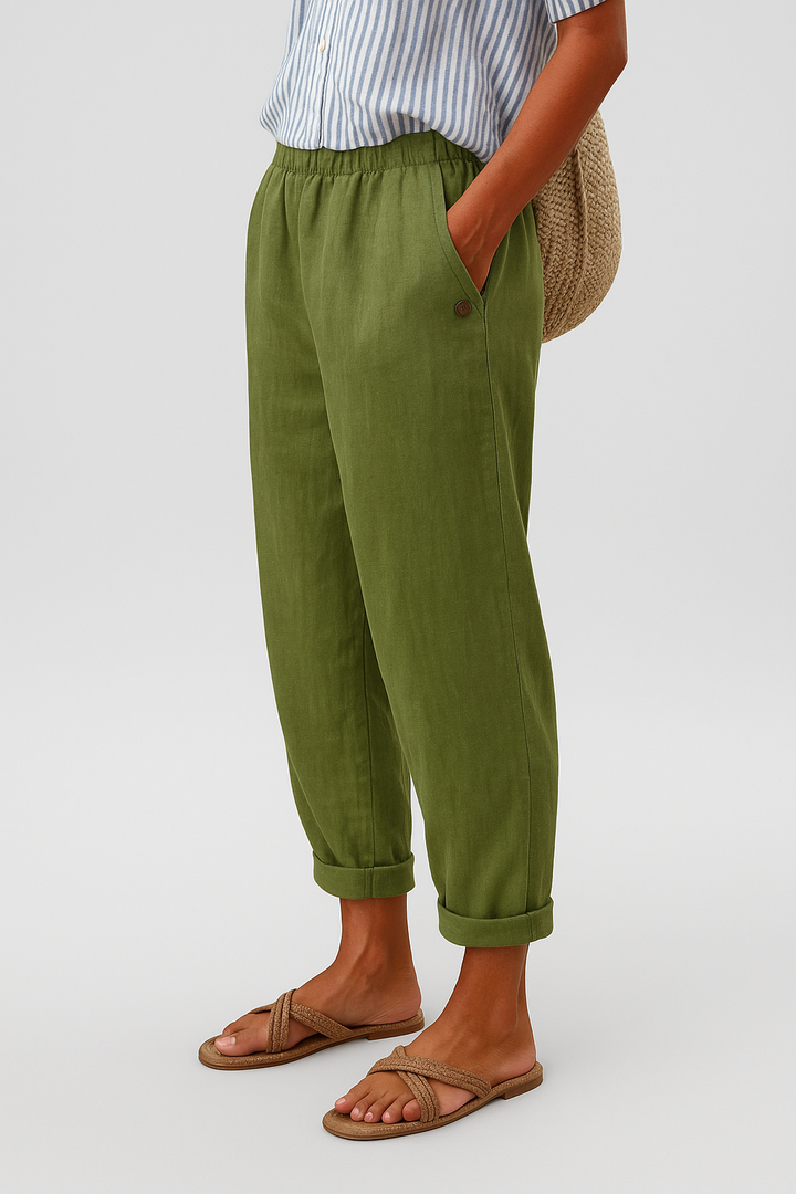 Pantaloni donna dritti ed eleganti con vita elastica e bottoni laterali, per un'eleganza quotidiana e chic.