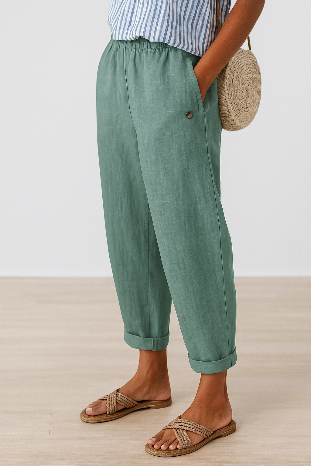 Pantaloni donna dritti con vita elastica, offrono comodità e stile. Dettaglio bottoni laterali. Abbigliamento femminile.