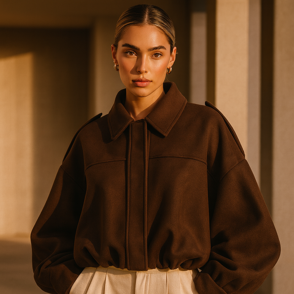 Bomber donna oversize corta, giacca con zip, essenziale per un look femminile autunnale e moderno.