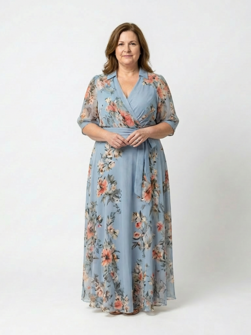 Maxi dress floreale estivo da donna, scollo a V profondo incrociato, fluido e confortevole per ogni occasione.