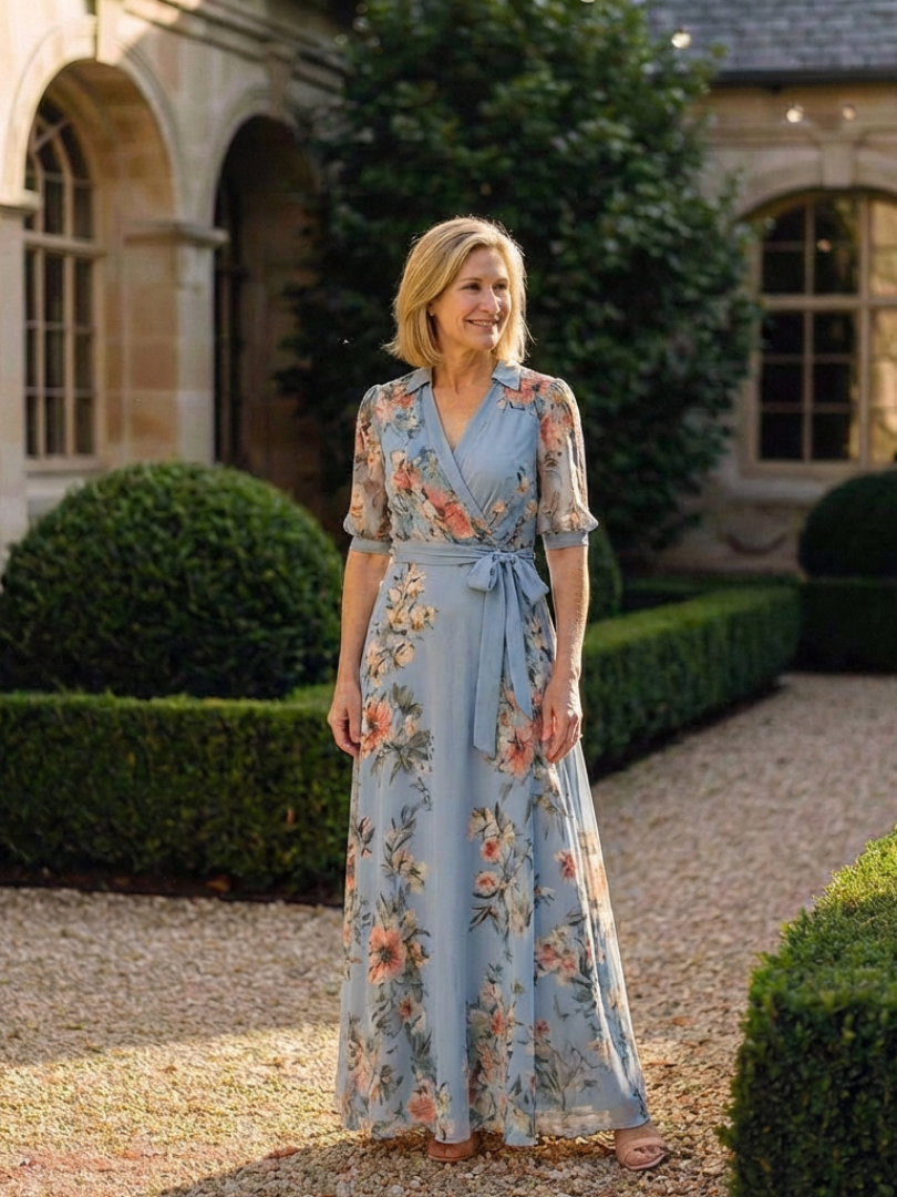 Abito da donna floreale con scollo a V incrociato, vestibilità morbida, ideale per look boho chic estivi.
