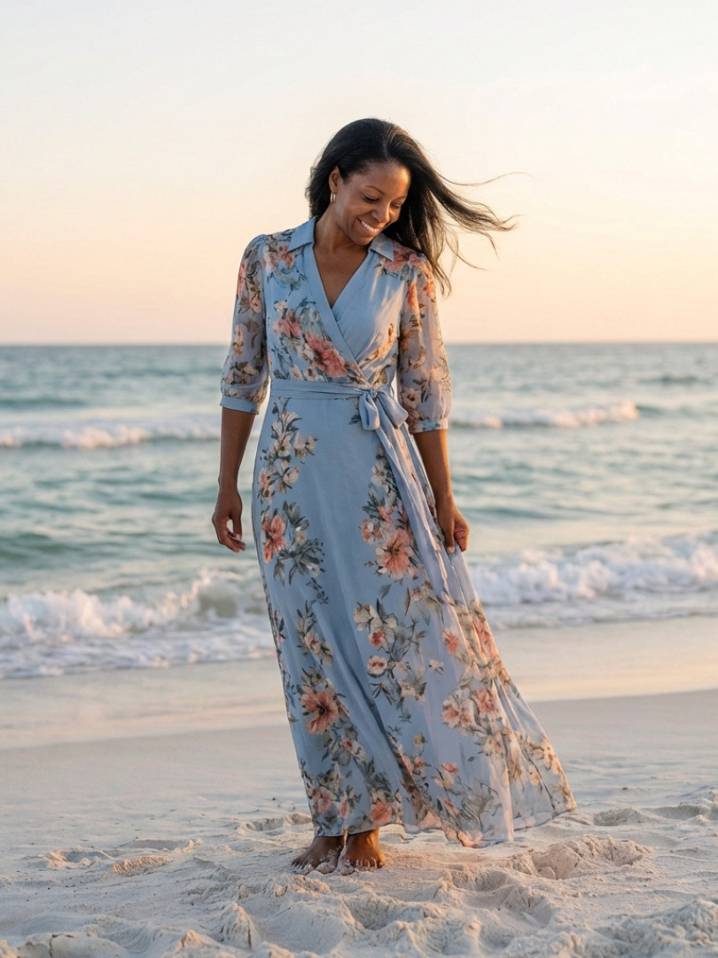 Moda estiva: abito maxi floreale da donna con scollo a V incrociato, versatile per il giorno e la sera.