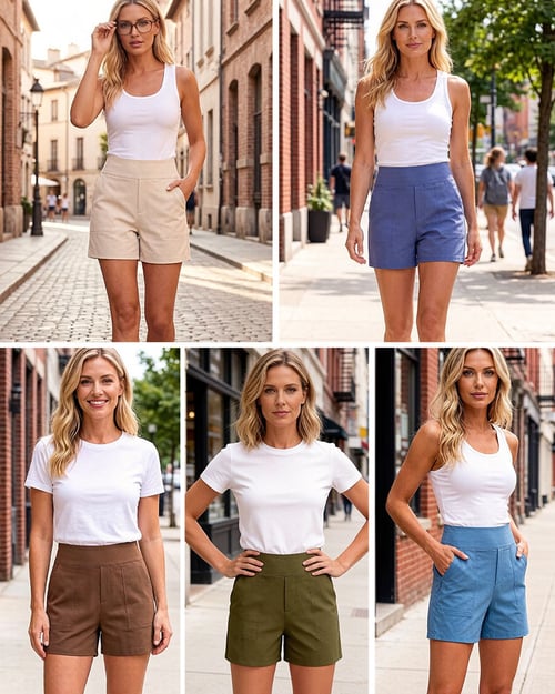 Shorts donna a vita alta, stile moderno con tasche profonde, must-have per la moda estiva attuale.