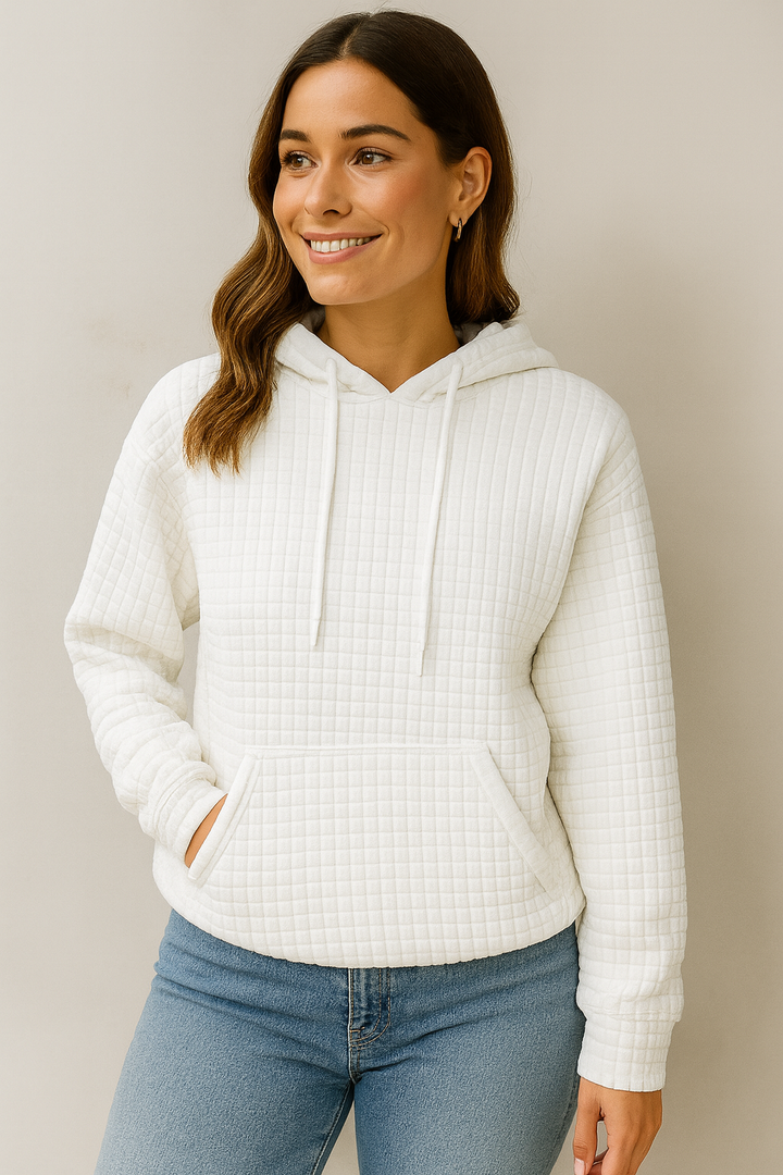 Top donna in felpa, stile moderno con cappuccio e tasca marsupio, tessuto esclusivo. Moda femminile.