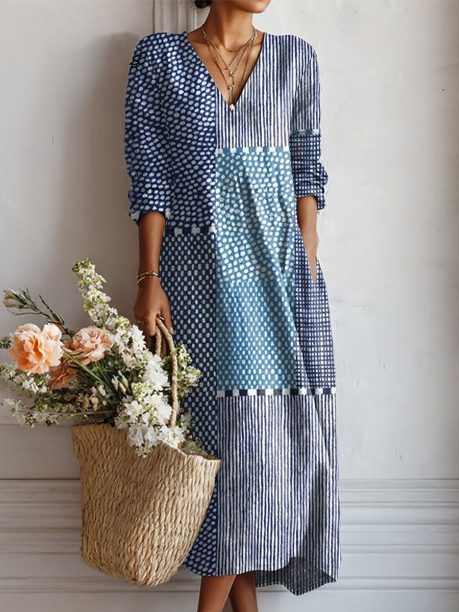Abito estivo da donna blu stile marino rilassato, perfetto per vacanze casual e spiaggia con comfort.