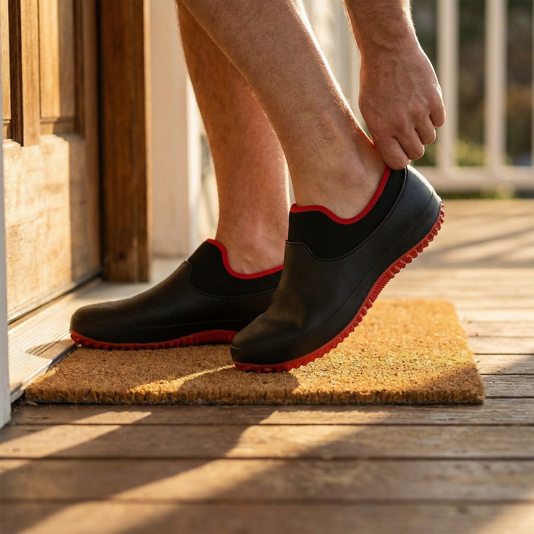 Comode scarpe uomo slip-on per giardinaggio, flessibili e resistenti per lavori esterni.