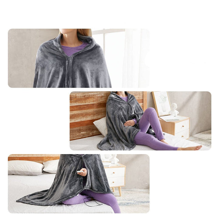 Persona con coperta riscaldata indossabile USB unisex, godendo calore e comfort portatile in un ambiente accogliente.