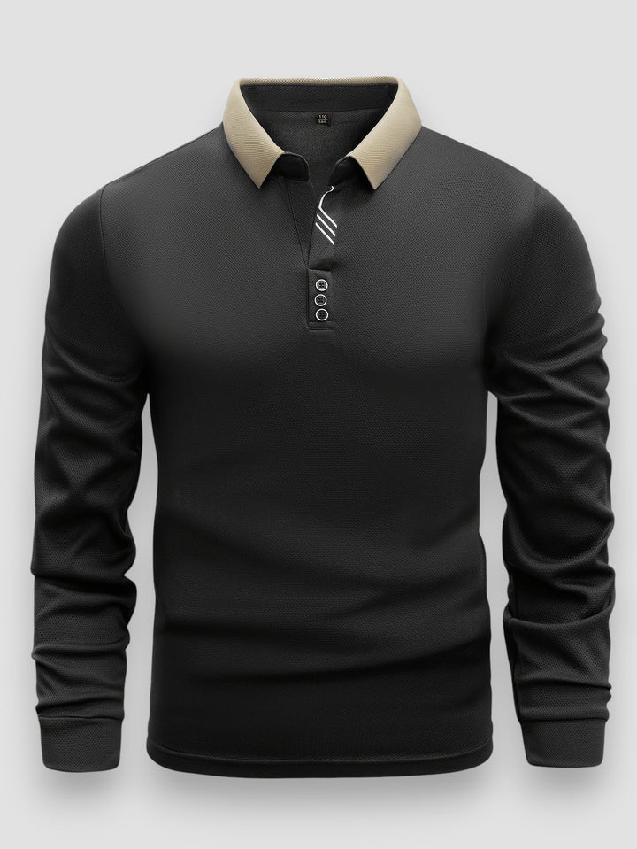 Polo nera da uomo a maniche lunghe, collo alto, un classico per un look elegante e contemporaneo.