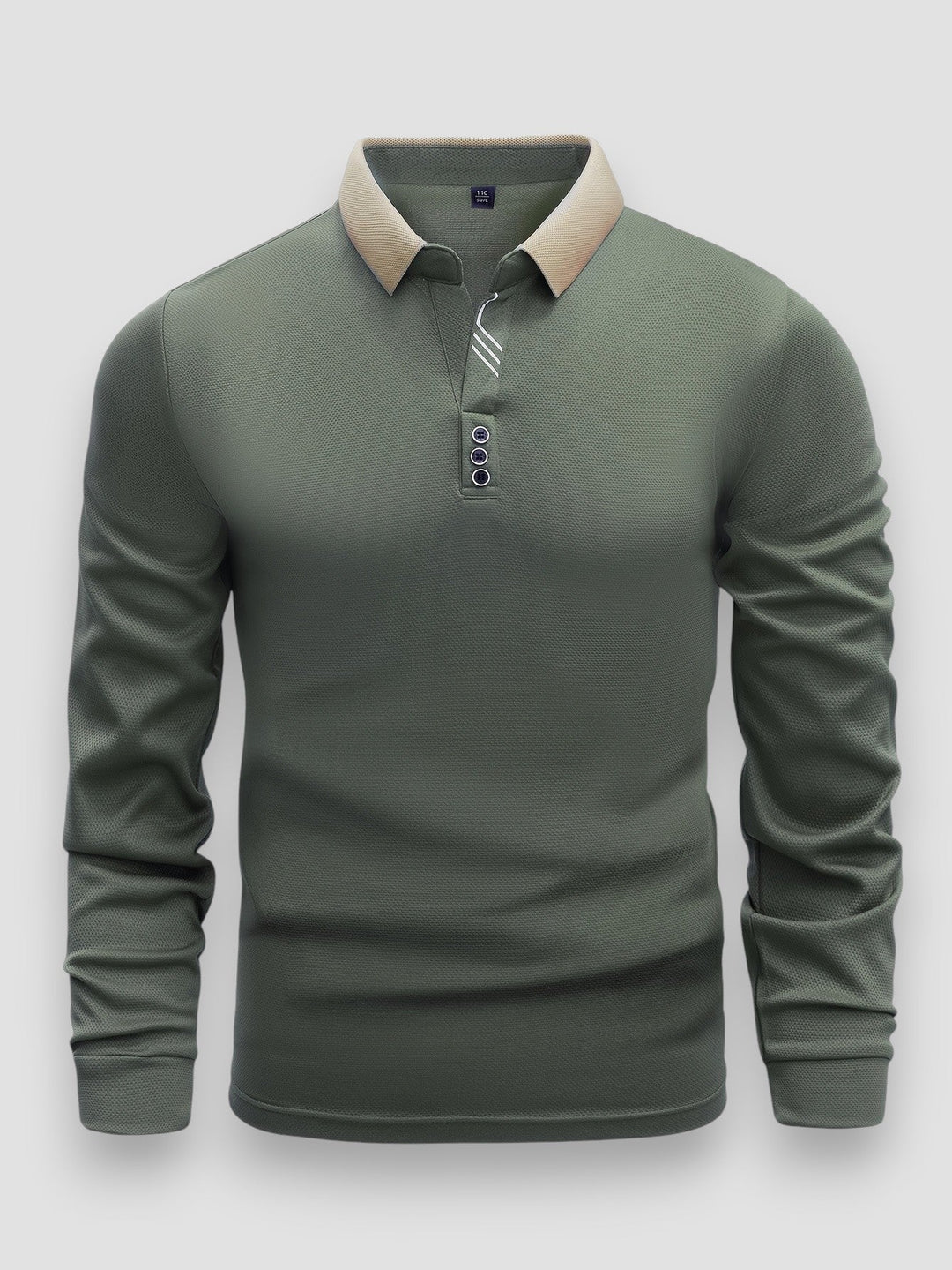 Maglia polo uomo maniche lunghe grigia, collo alto moderno. Ideale per abbigliamento casual chic.