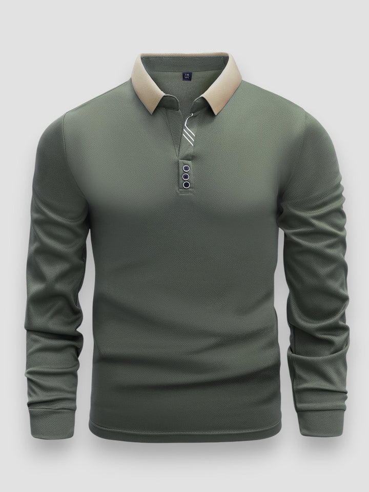 Maglia polo uomo maniche lunghe grigia, collo alto moderno. Ideale per abbigliamento casual chic.