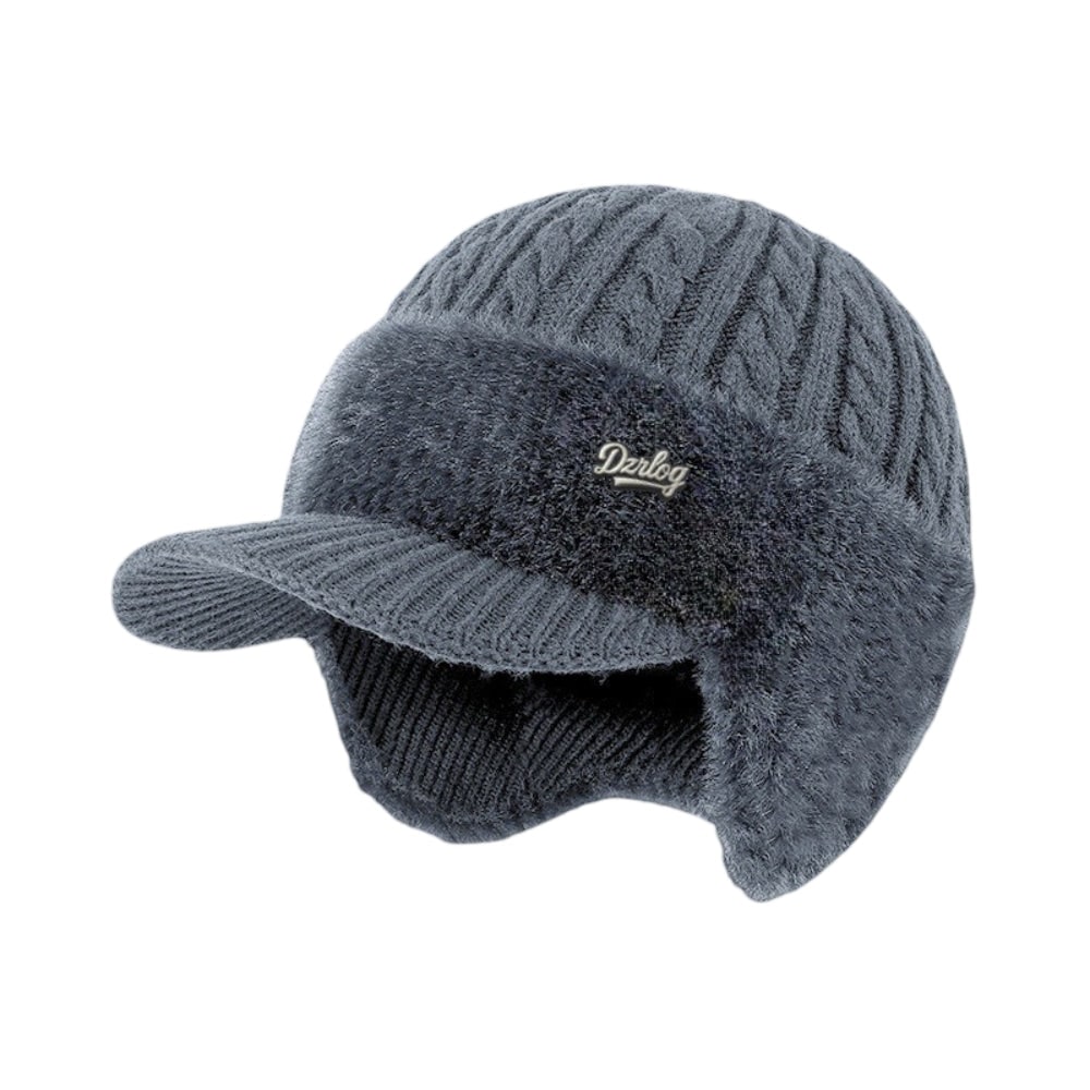 Cappello invernale in maglia lavorata, unisex, con visiera elegante e paraorecchie protettivi.