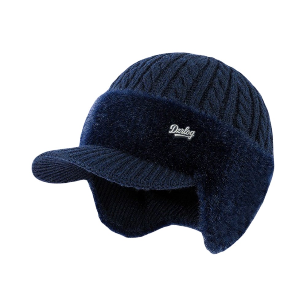 Cappello invernale a trecce, unisex, in maglia, con visiera corta e paraorecchie lunghi.