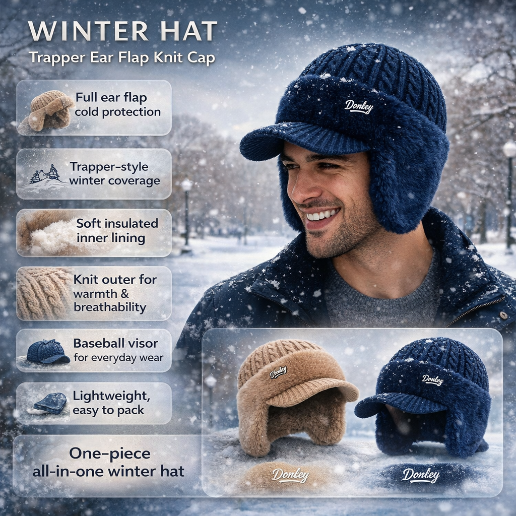Cappello in maglia lavorato a mano, unisex, con visiera e paraorecchie, ideale per il freddo.