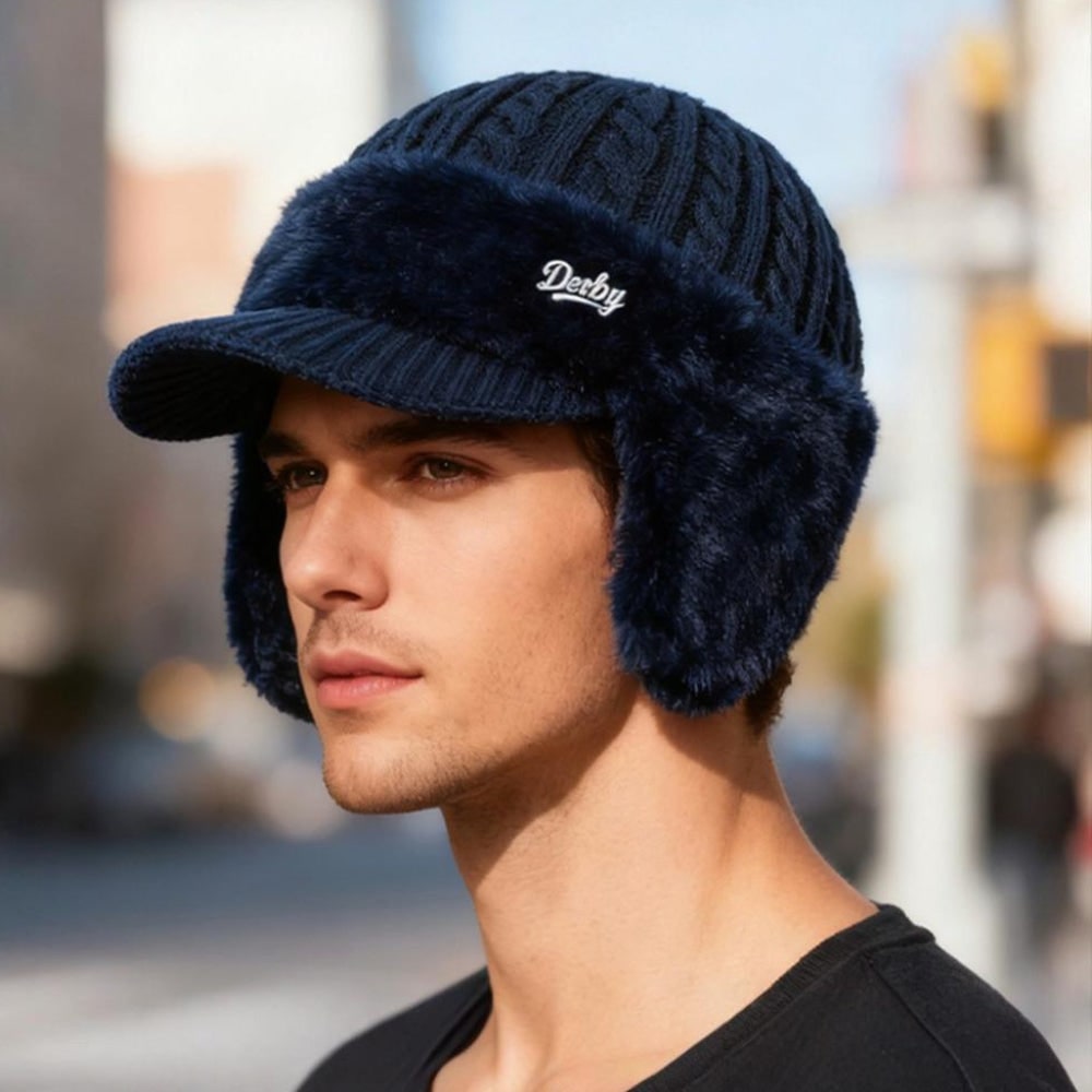 Cappello invernale lavorato a maglia, unisex, con visiera robusta e paraorecchie foderati.