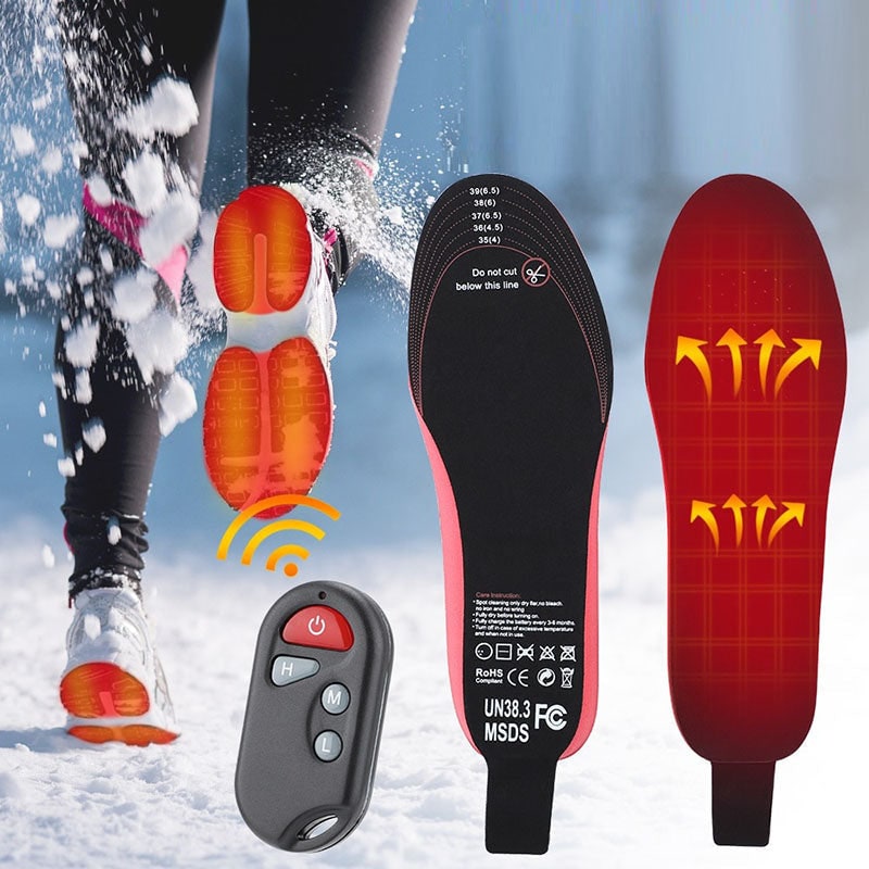 Coppia di solette riscaldate ricaricabili wireless con telecomando, perfette per piedi caldi e comfort nelle scarpe.