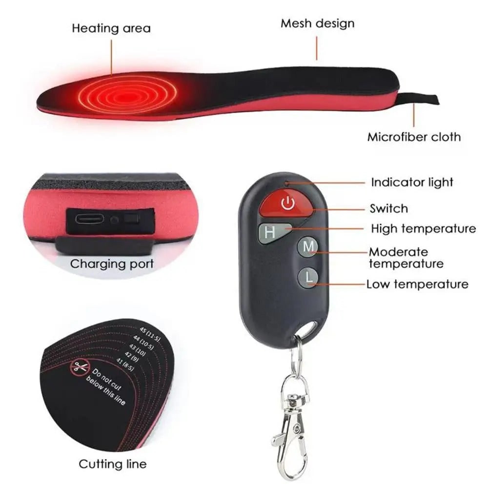 Solette scarpe riscaldate, comfort termico wireless con telecomando. Ricaricabili per piedi caldi in ogni attività.