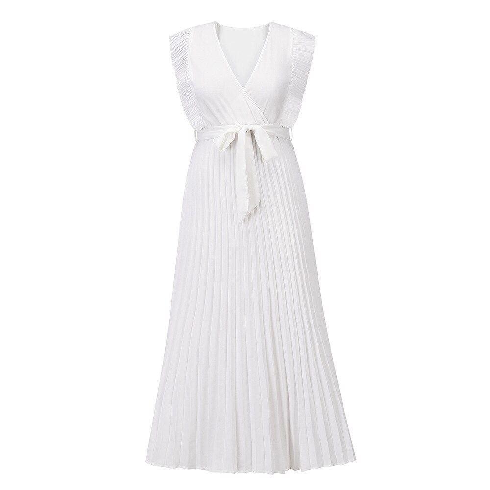 Abito fluido senza maniche con volant per donna, stile casual chic. Ottimo per l'estate.