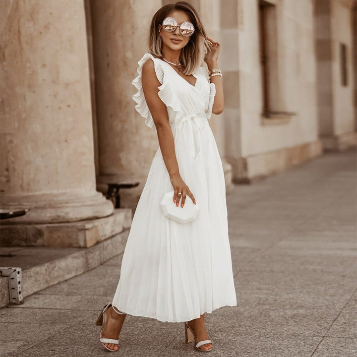 Abito lungo donna estivo, scollo a V, senza maniche, con volant fluido. Perfetto per vacanze.