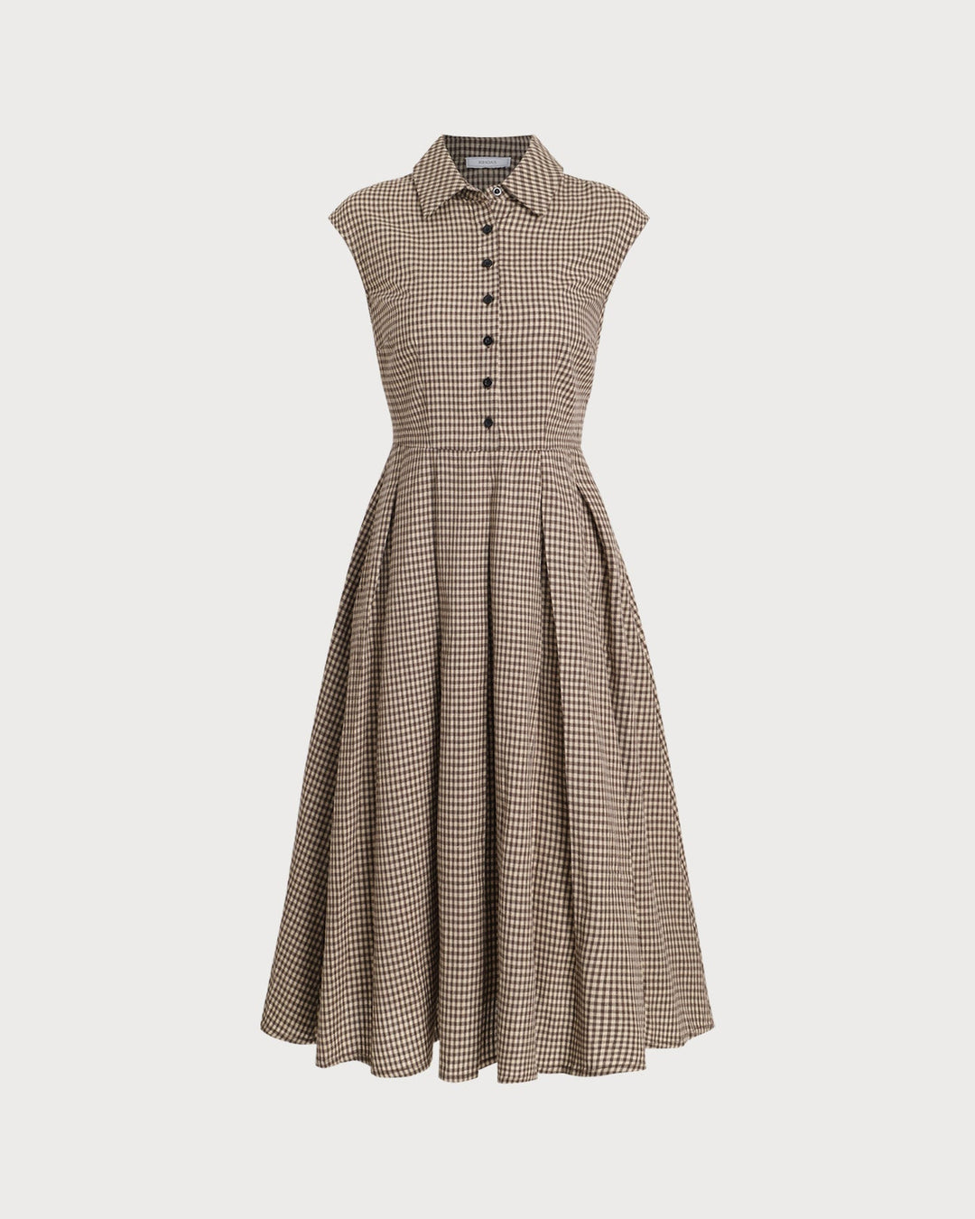 Abito midi donna chic marrone a quadri, linea A-line con bottoni, perfetto per outfit autunno/primavera.
