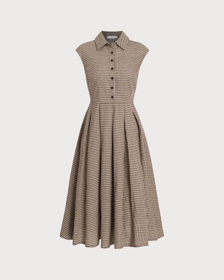 Abito midi donna chic marrone a quadri, linea A-line con bottoni, perfetto per outfit autunno/primavera.