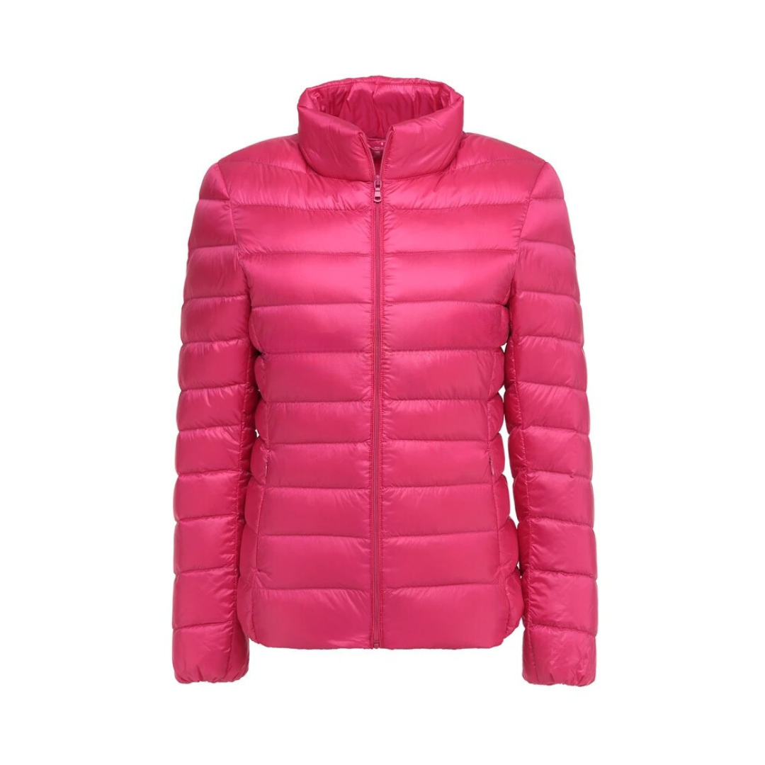 Giacca ultraleggera trapuntata da donna rossa, calda e confortevole per l'inverno casual.