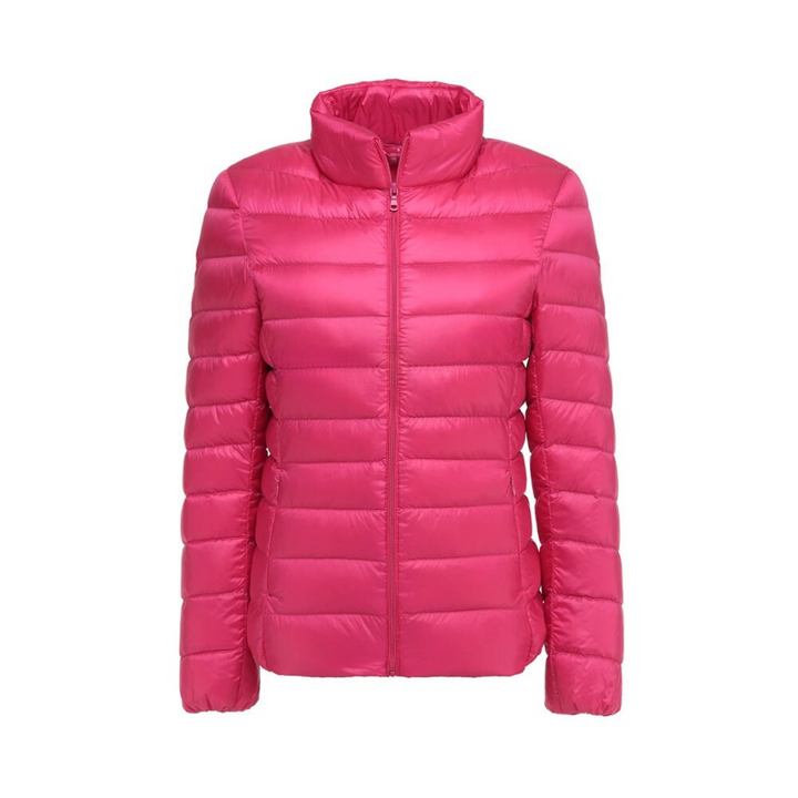 Giacca ultraleggera trapuntata da donna rossa, calda e confortevole per l'inverno casual.