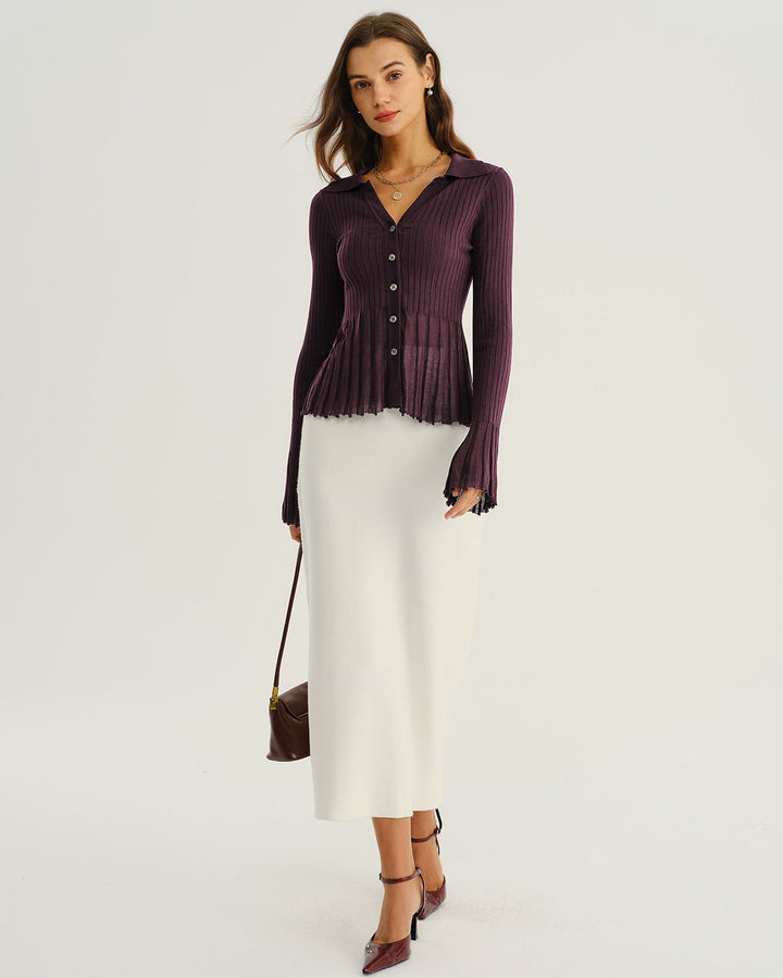 Cardigan donna porpora scuro, formale, a coste, con distintivo colletto e bottoni. Ideale per un look sofisticato.
