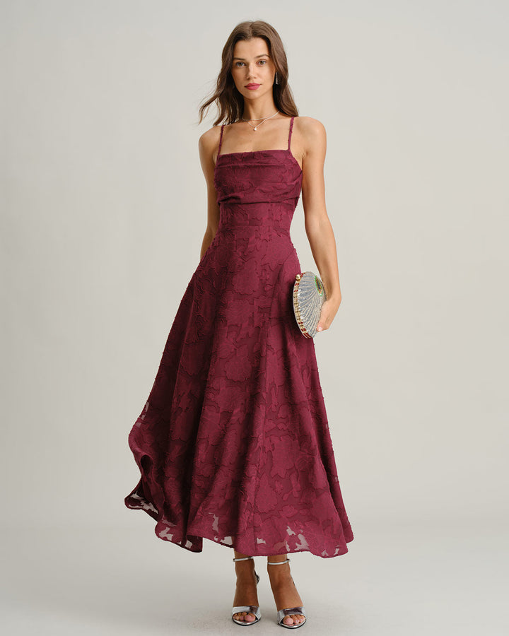 Maxi abito donna A-line con scollo drappeggiato, stampa floreale rosso vino. Vestito elegante per occasioni speciali.