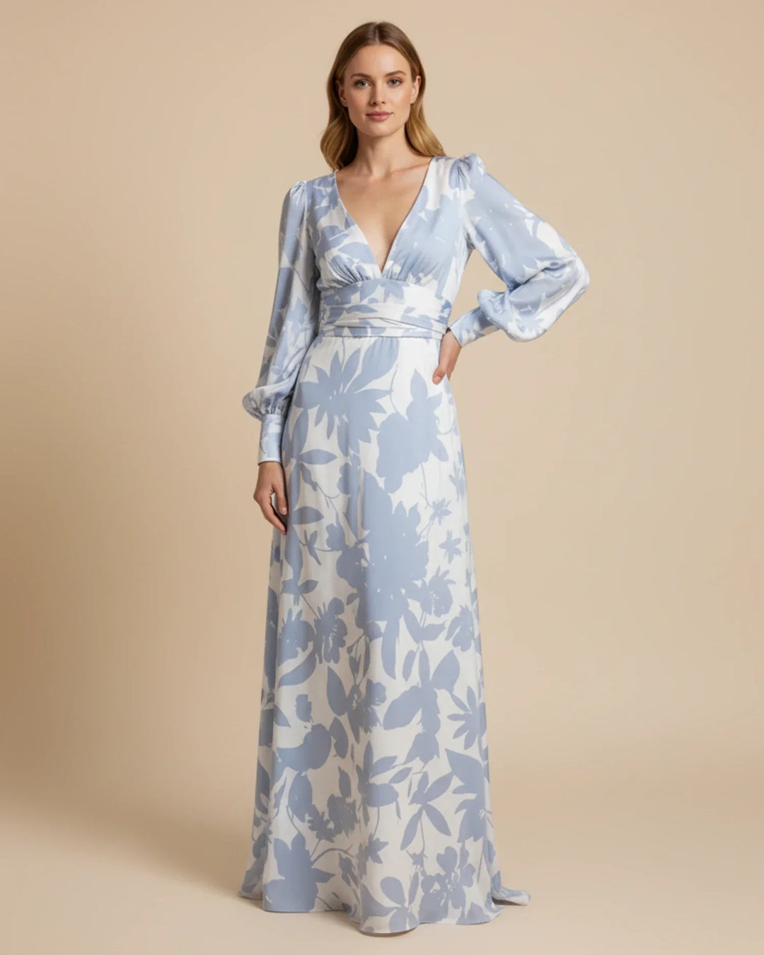 Abito maxi floreale donna con scollo a V, maniche bishop, perfetto per eleganza estiva. Abito versatile.