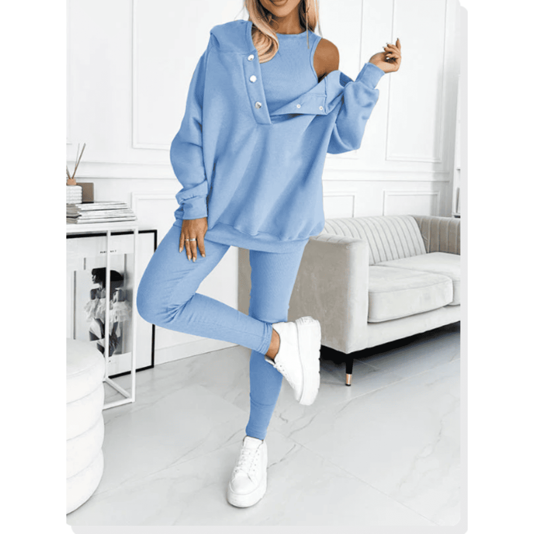 Tuta loungewear donna 3 pezzi: felpa oversize, leggings e top. Ideale per il comfort casual e il relax.