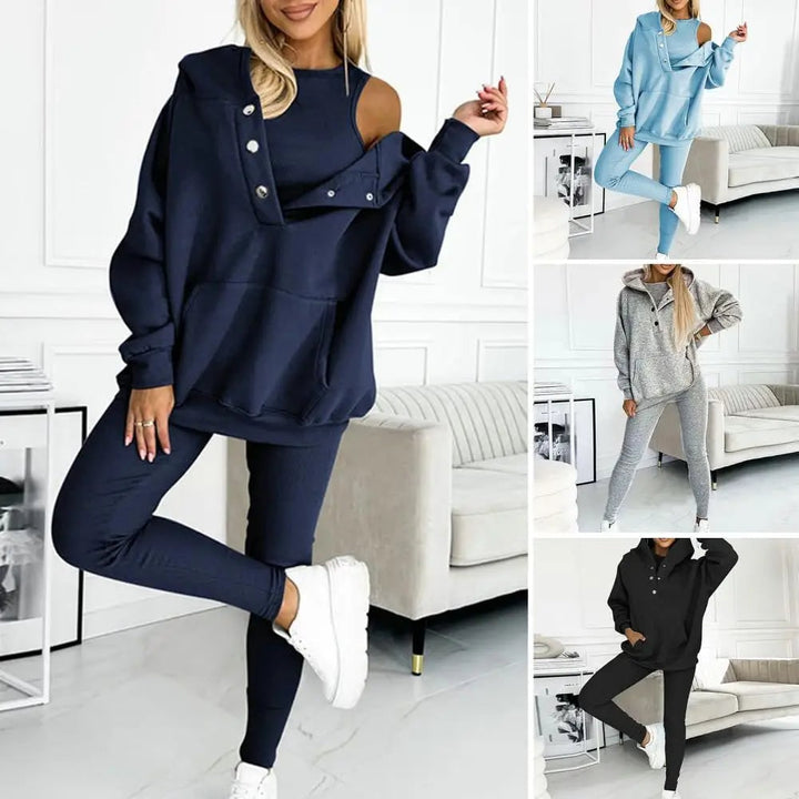 Leggings confortevoli del completo tuta loungewear donna 3 pezzi, con felpa oversize. Ideali per relax e stile casual.