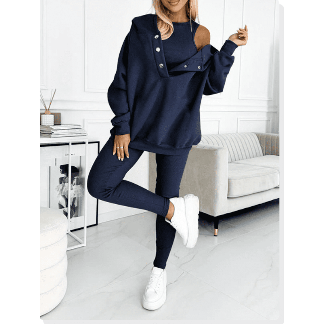 Set tuta loungewear donna 3 pezzi: felpa oversize, leggings e top coordinato. Perfetto per un look casual e rilassante.