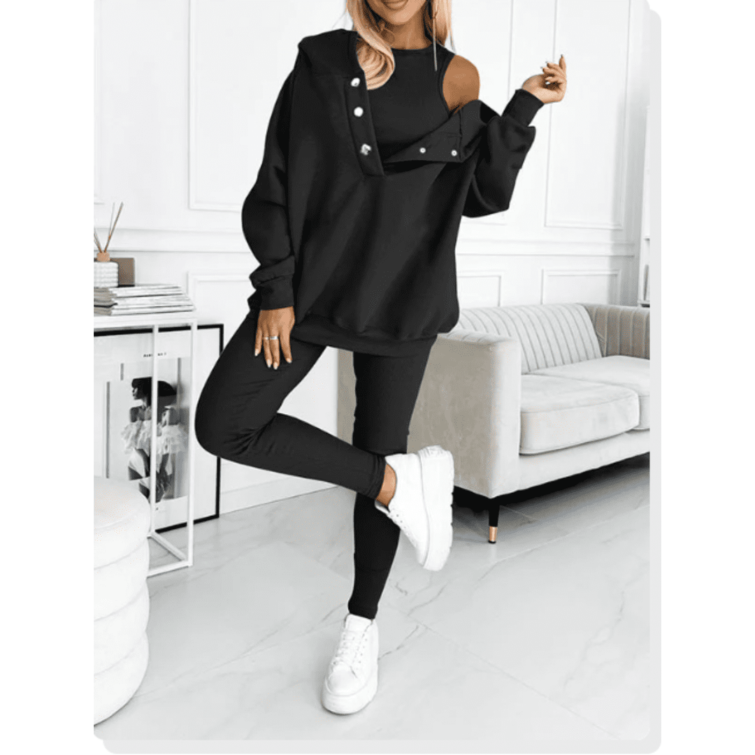 Versatile tuta loungewear donna 3 pezzi: felpa oversize e leggings. Stile casual e comfort per ogni giorno.