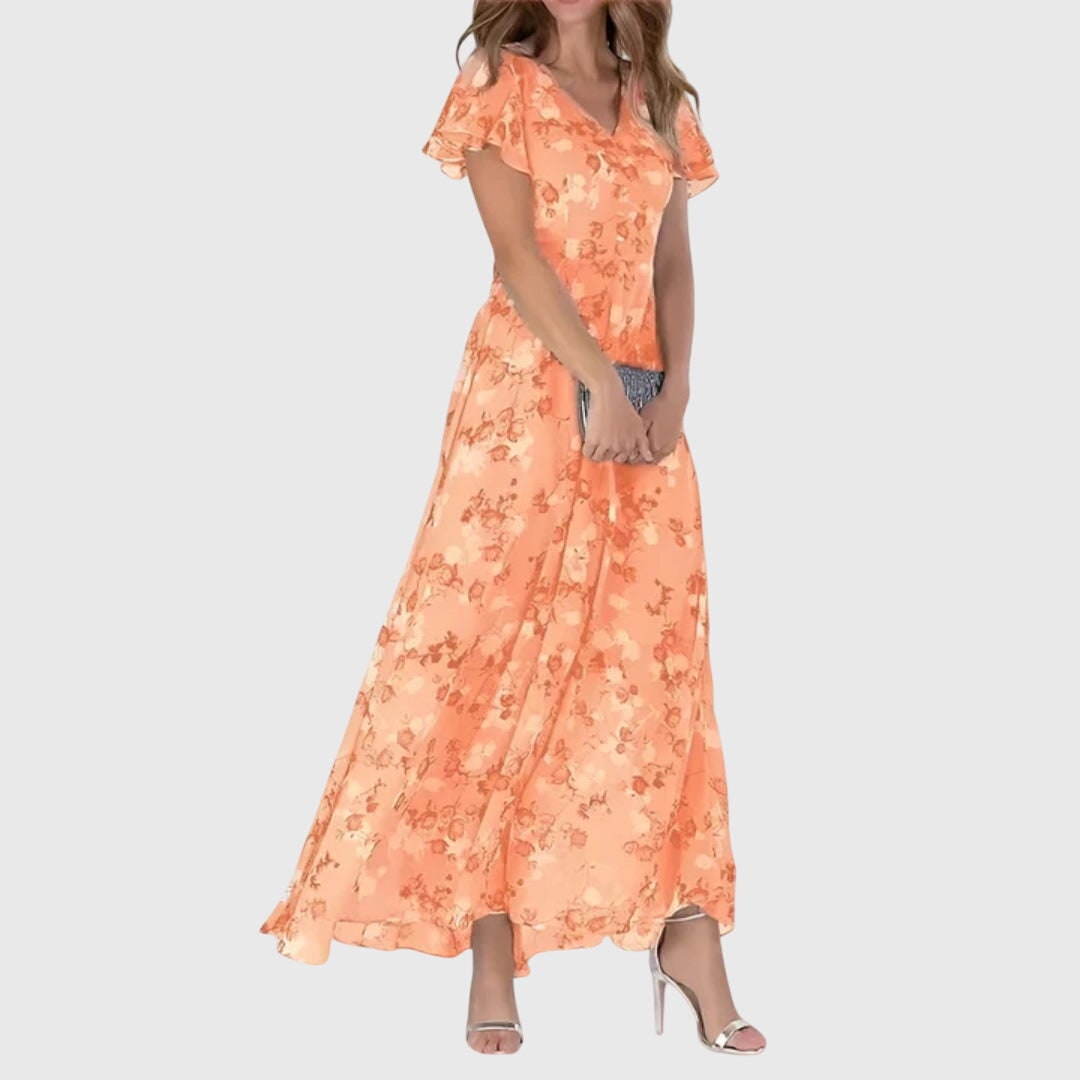 Vestito lungo floreale donna, scollo a V e maniche svolazzanti. Ideale per primavera/estate, look elegante e versatile.