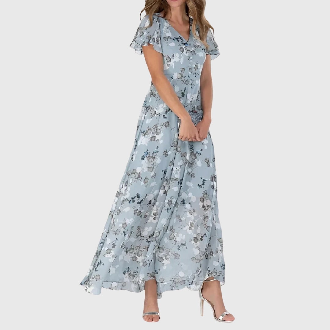 Abito lungo floreale A-line donna con scollo a V. Maniche svolazzanti, ideale per primavera/estate elegante e casual.