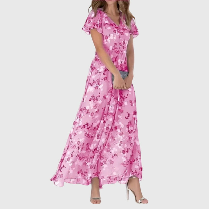Elegante vestito lungo floreale donna, scollo a V e maniche svolazzanti. Versatile per primavera ed estate, abito A-line.