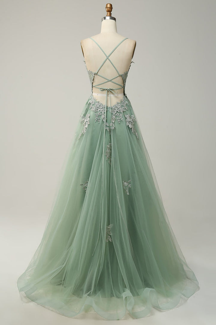 Abito da sera lungo A-line con elegante fessura, scollo a V, ideale per cerimonie e feste.