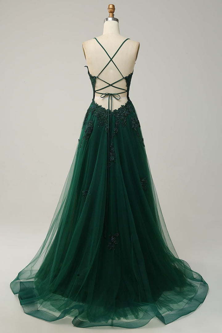 Elegante abito da sera lungo A-line con scollo a V e spacco, ideale per balli e cerimonie.